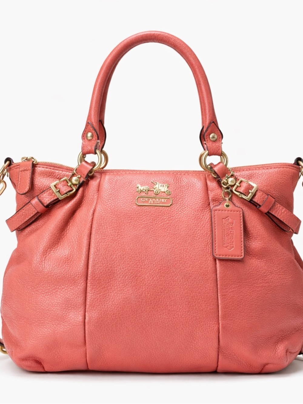 Coach Madison Coral Pebbled Leather Satchel Bag | Removable Strap |Gold Hardware